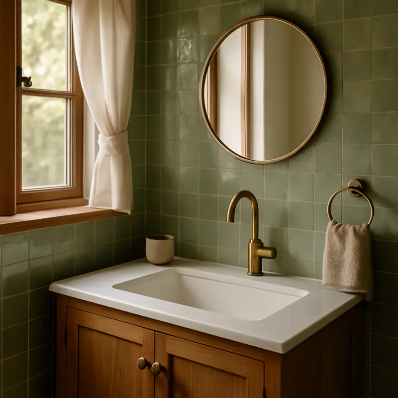 The same bathroom finished: sage green zellige tile, an oak vanity and brass fixtures.