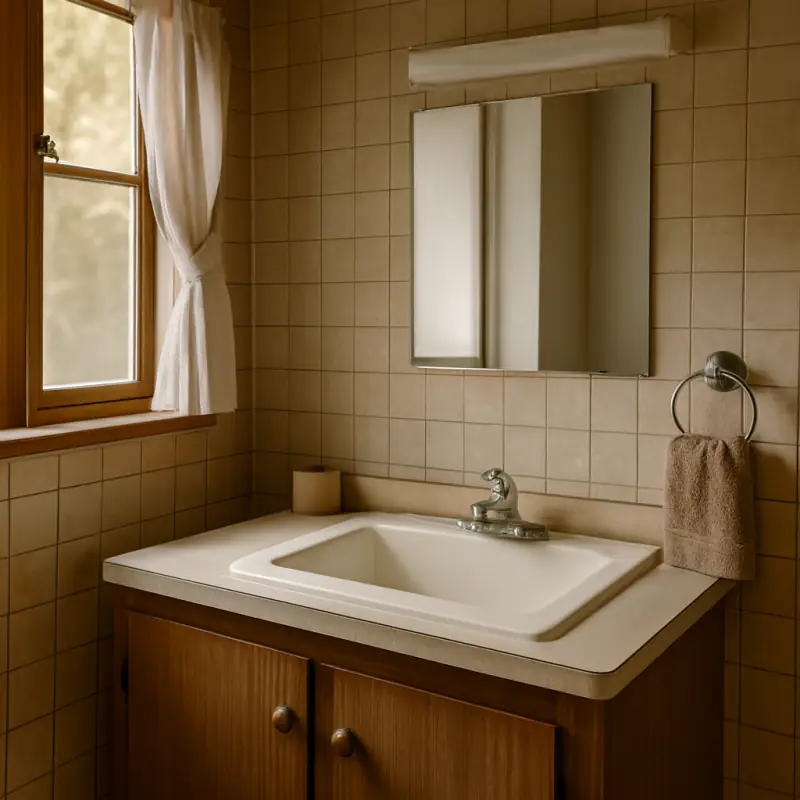 A small bathroom before: beige tile with dark grout, a laminate vanity and a plain mirror.