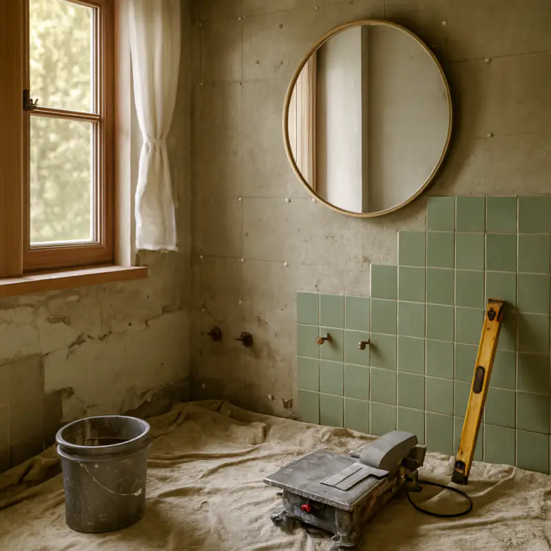 The same bathroom mid-renovation: backer board, green tile half laid, plumbing exposed and a tile saw.