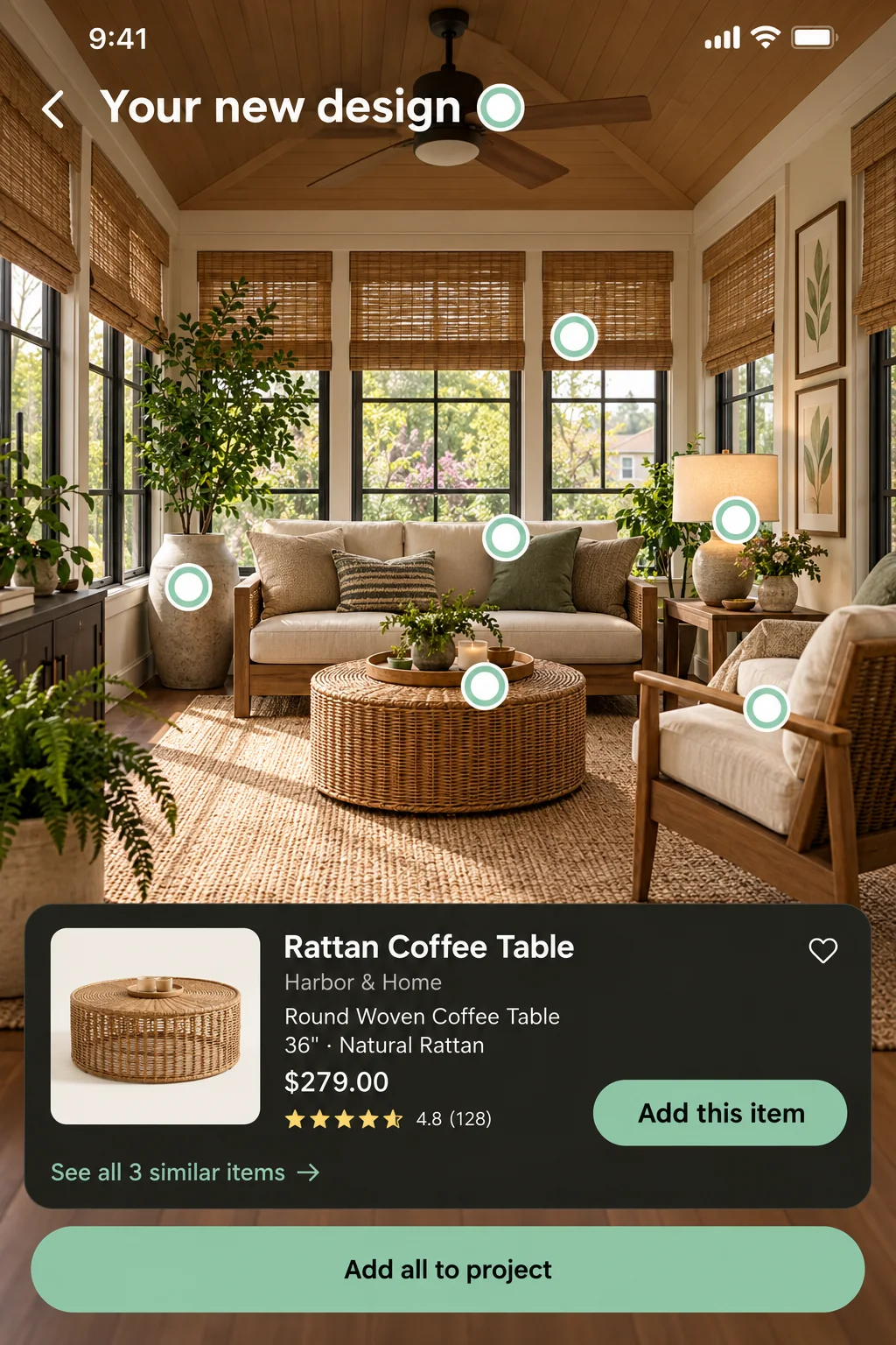 An illustrative Sawdust screen titled Your new design: a sunroom redesigned with a rattan coffee table, a linen sofa, bamboo shades and a table lamp, with a dot on each item. The coffee table's card shows a matched product, a Round Woven Coffee Table from Harbor & Home at $279.00, with buttons to add this item, see all 3 similar items, or add all to the project.