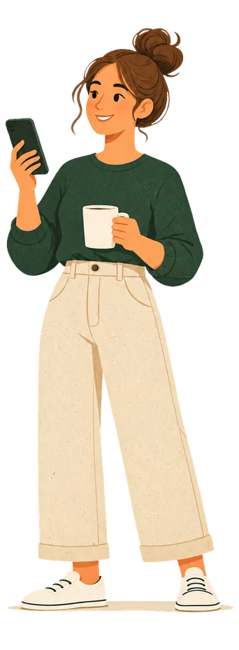 An illustration of a woman with a mug of coffee, reading her phone.
