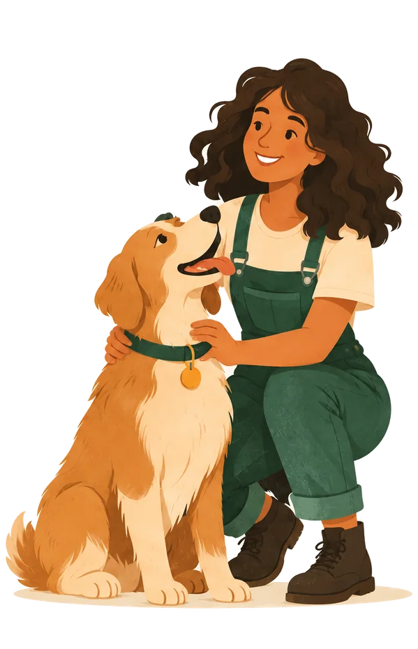 An illustration of a woman in green overalls crouching beside a golden retriever.