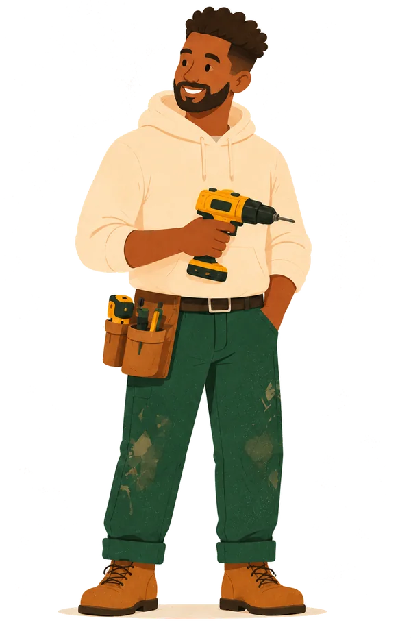An illustration of a man in a cream hoodie and a tool belt, holding a cordless drill.