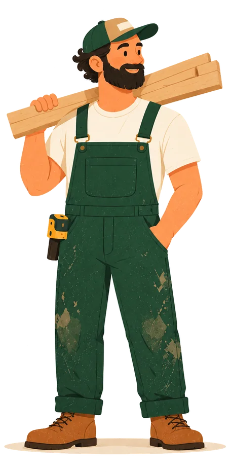 An illustration of a man in green overalls carrying lumber on his shoulder.