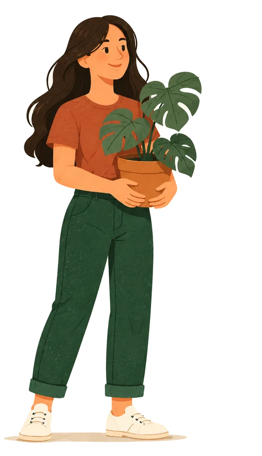 An illustration of a woman carrying a potted monstera.