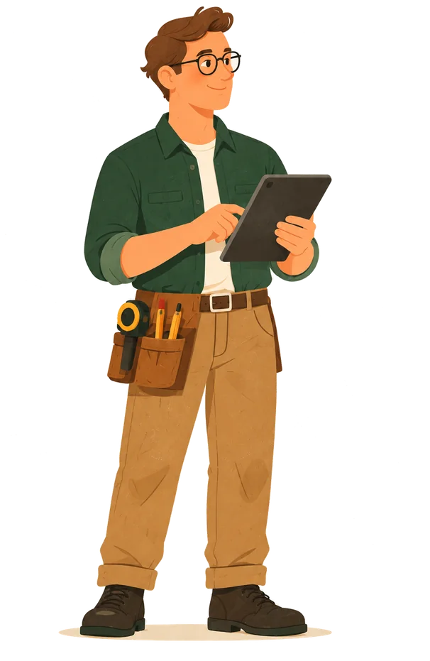 An illustration of a man in glasses and a tool belt, checking a tablet.