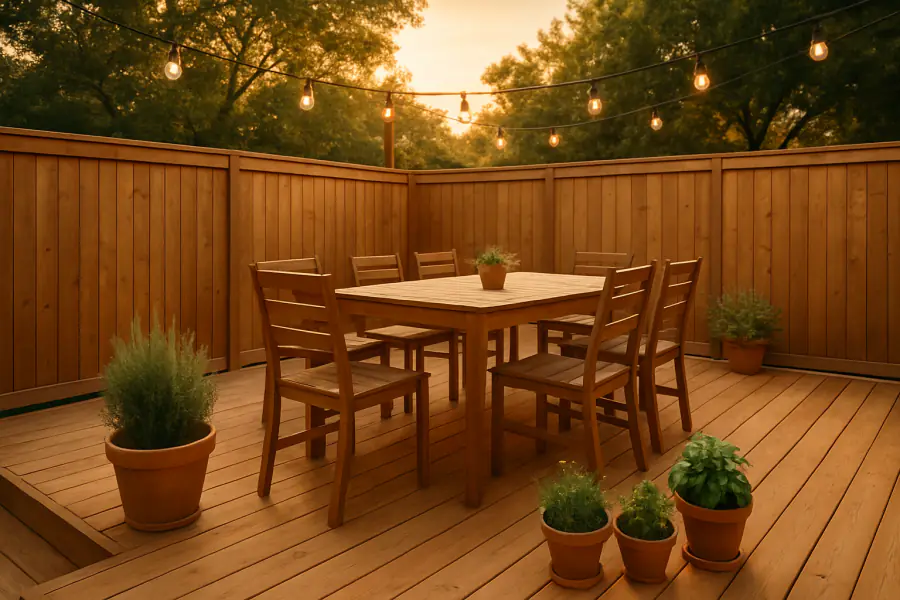 A new cedar deck with an outdoor dining table and string lights at golden hour.