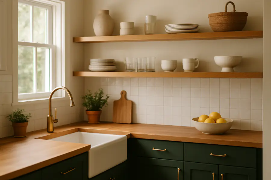 A kitchen with green shaker cabinets, open oak shelves and butcher block counters.