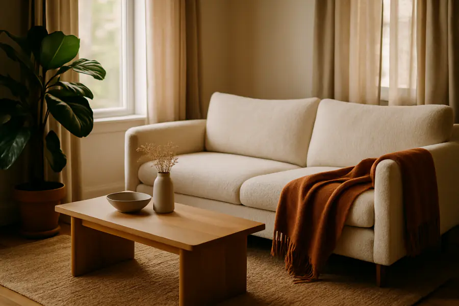 A living room with a cream boucle sofa, a rust throw, a jute rug and a large plant.