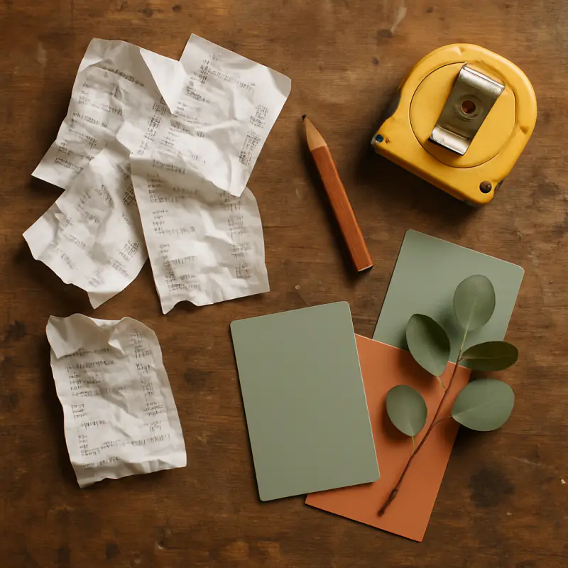 Hardware store receipts, a pencil, a tape measure and paint swatches on a wooden workbench.