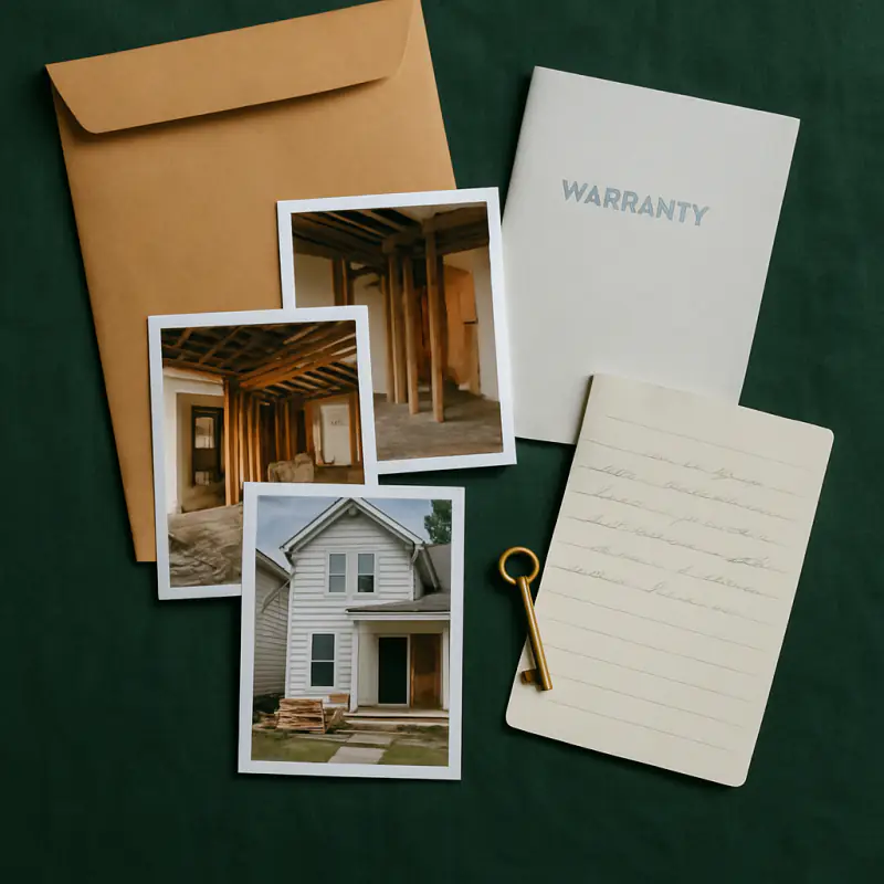 A kraft envelope, printed renovation photographs, a warranty booklet and a handwritten note on green linen.