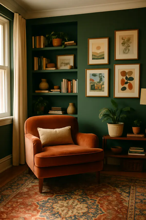 A living room with a forest green wall of shelves, a rust velvet armchair and a patterned rug.
