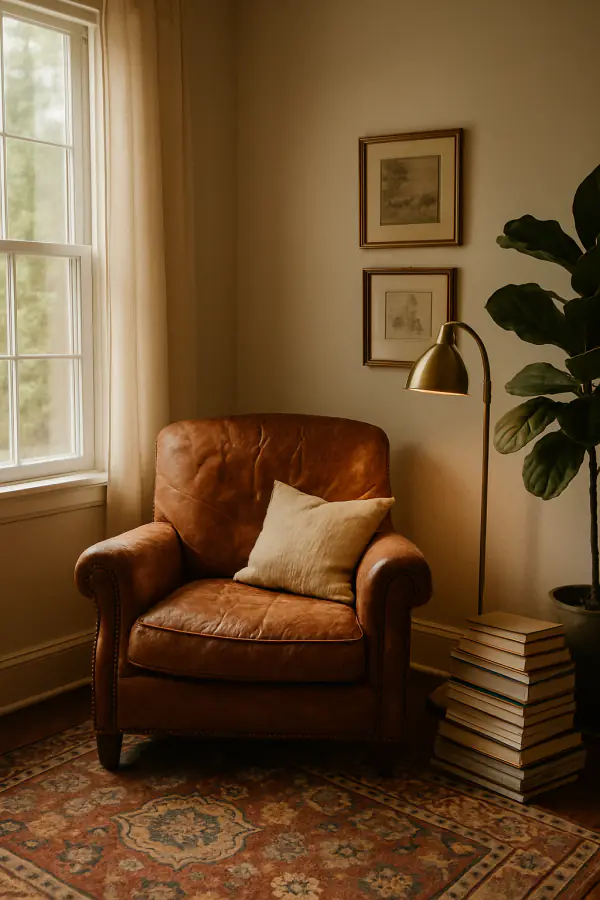 A reading corner with a worn leather armchair, a vintage rug, thrifted art and stacked books.