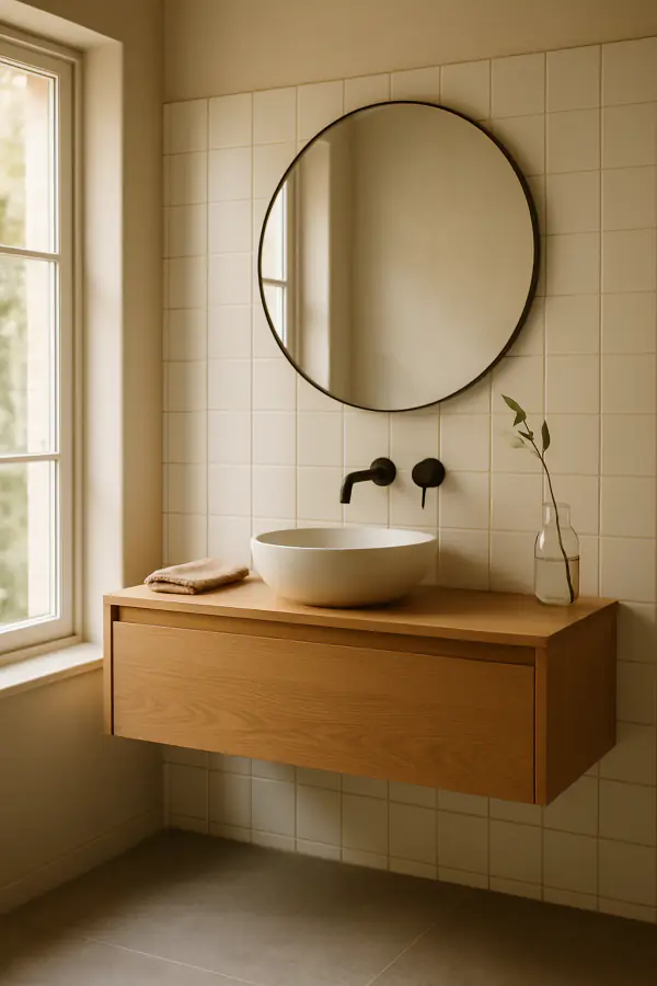 A minimal bathroom with a floating oak vanity, a round mirror and matte white tile.