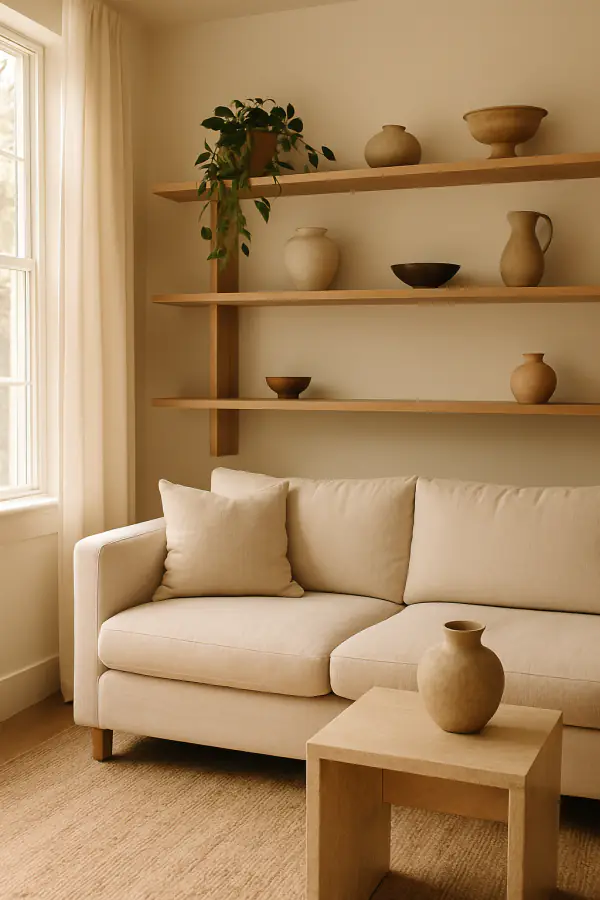 A living room with pale oak shelving, ceramics, trailing plants and a linen sofa.
