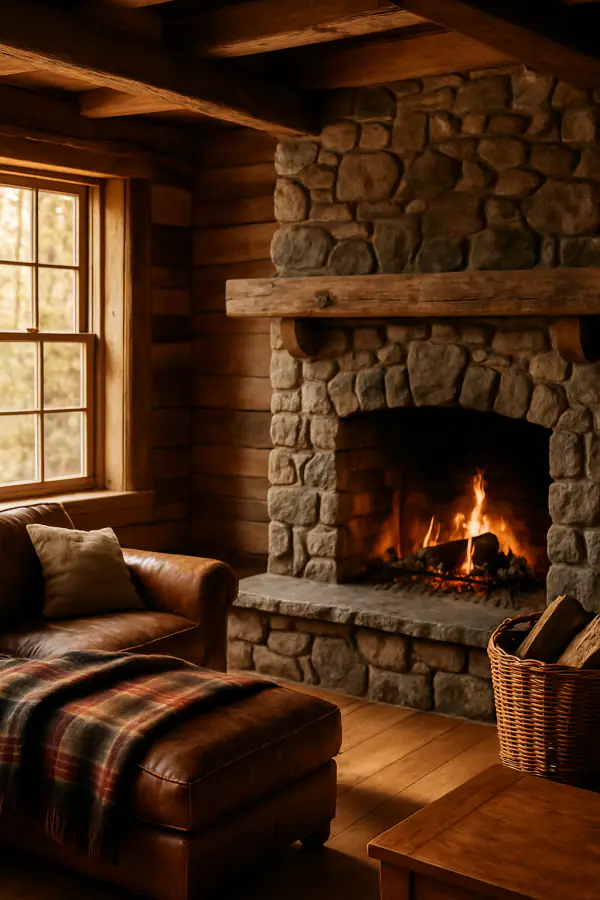A cabin living room with a fieldstone fireplace, timber beams and a plaid throw on a leather sofa.