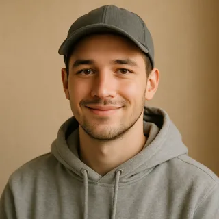 A young man in a grey hoodie and a cap.