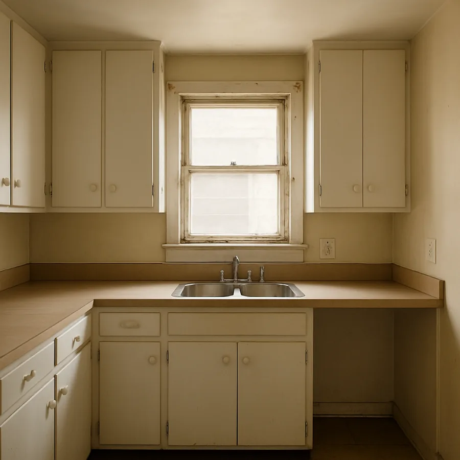 A dated small kitchen before renovation: plain white cabinets and a beige laminate counter.