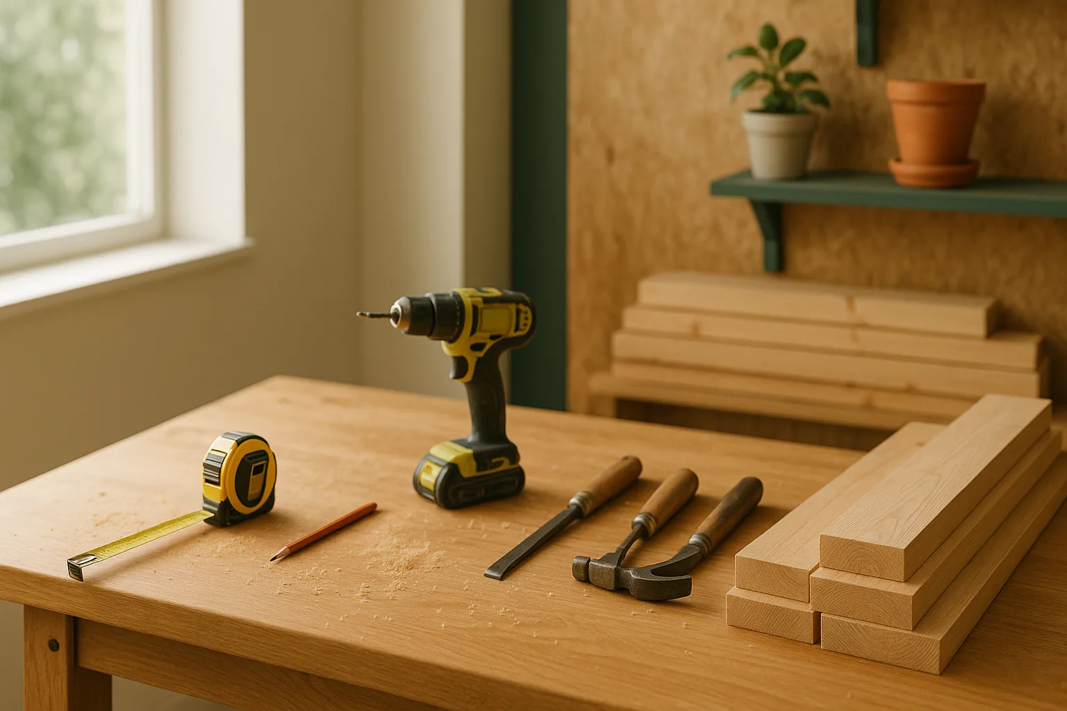 A workbench in a bright home workshop: a tape measure, a pencil, a cordless drill, chisels and a hammer on oak, with stacked lumber and a potted plant behind.