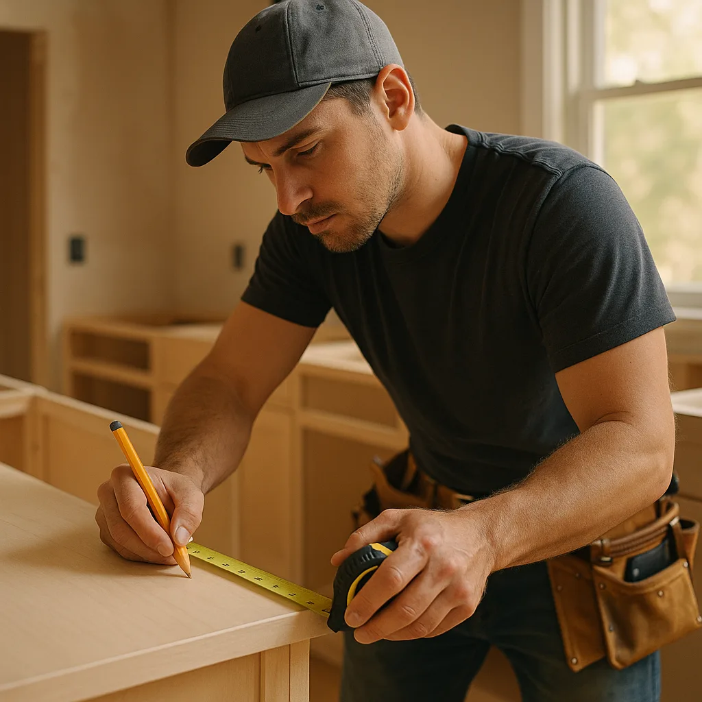 A contractor in a cap and tool belt marking a measurement on a new kitchen cabinet with a pencil and tape.