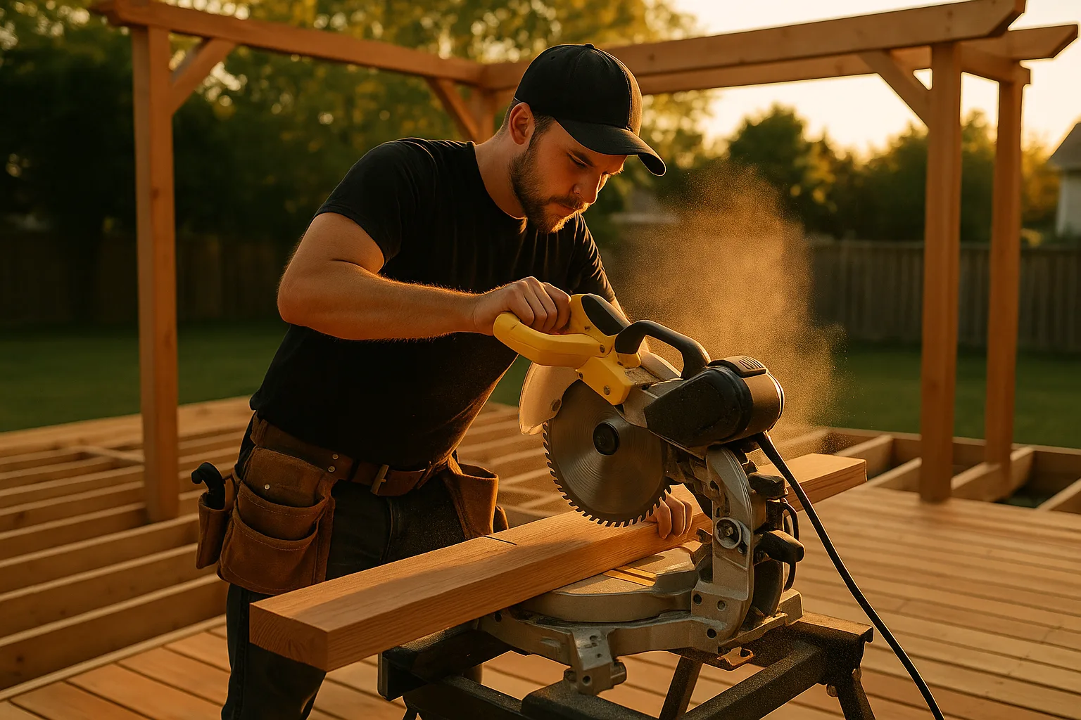 A carpenter in a cap cutting a cedar board on a miter saw on a half-built deck at golden hour.